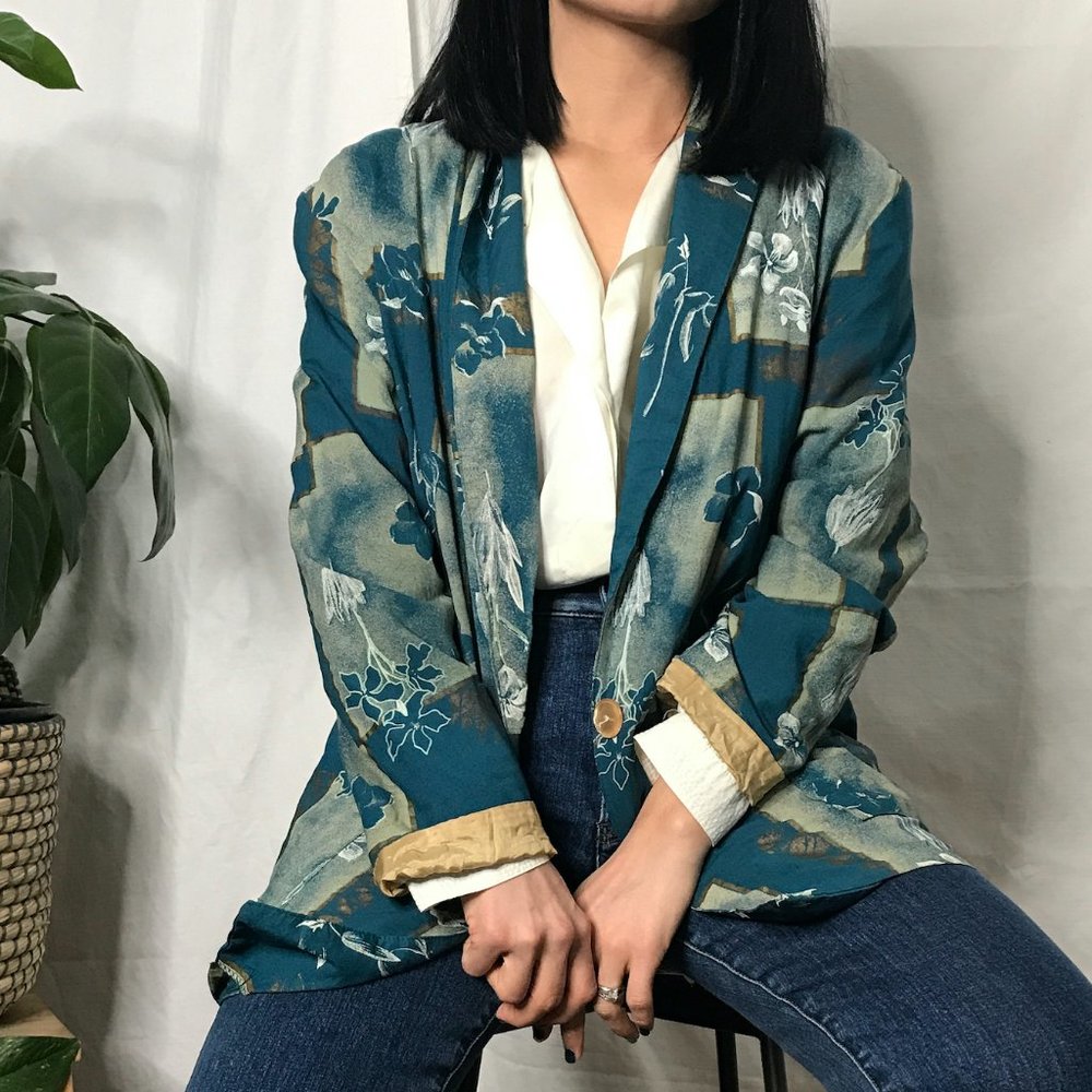 Vintage 1980s geometric floral blazer green medium - Picture 1 of 12